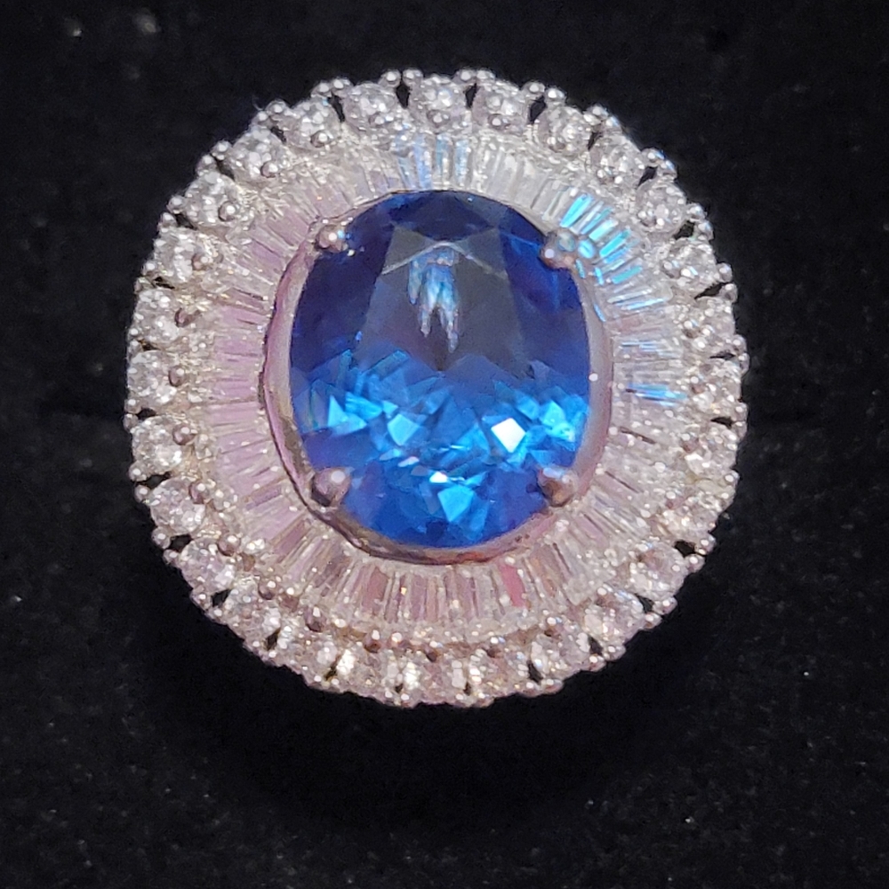 Charles Winston Blue Spinel And White Cubic Zirconia Rhodium Over Silver Ring